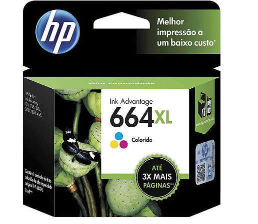 Cartucho de Tinta HP 664XL Colorido Original (F6V30AB) Para HP Deskjet 2136, 2676, 3776, 5076, 5276, HP - CX 1 UN