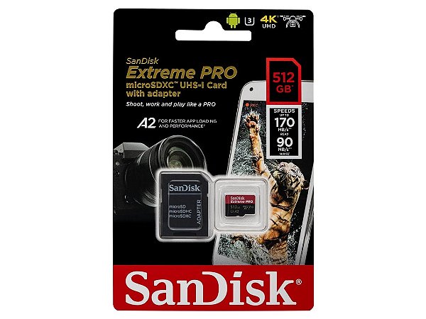 SanDisk Extreme PRO microSDHC/microSDXC UHS-I de 512 GB com adaptador.