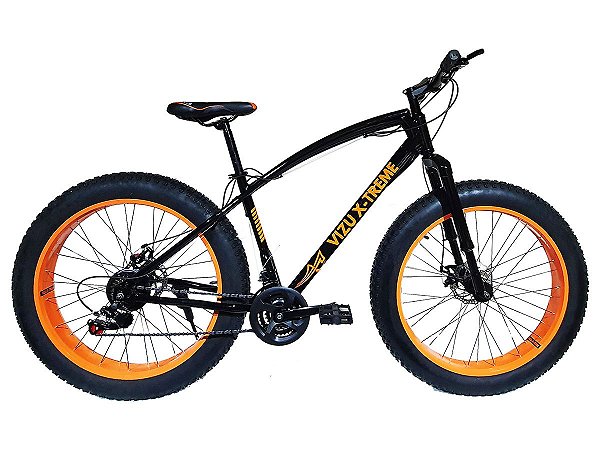 FAT BIKE ARO 26 VIZU X-TREME PRETA LARANJA CÂMBIO SHIMANO 21 MARCHAS SUSPENSÃO INVERTIDA