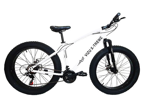 FAT BIKE ARO 26 VIZU X-TREME BRANCO CÂMBIO SHIMANO 21 MARCHAS SUSPENSÃO INVERTIDA