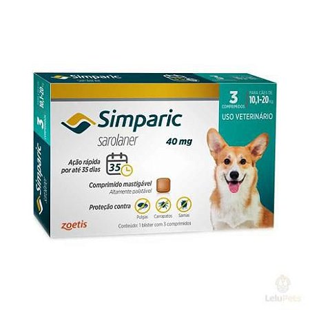 Antipulgas e Carrapatos Simparic 40mg - 10,1 A 20 Kg 3 Comprimidos