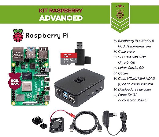 Kit Raspberry PI 4 Advanced - 8GB RAM Model B SD Card 64GB Case HDMI Fonte
