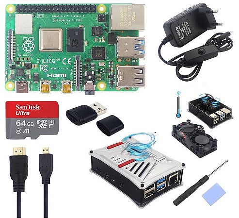 Kit Raspberry PI 4 Model B  Double Cooler Silver Case - 8GB Ram SD Card 64GB