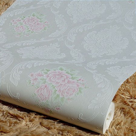 Papel De Parede Arabescos Branco Com Rosas Toque De Glitter