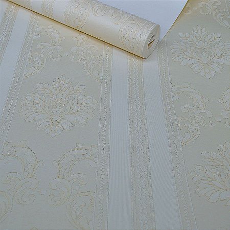 Papel de Parede Damask e Listras Pérola com Glitter Dourado