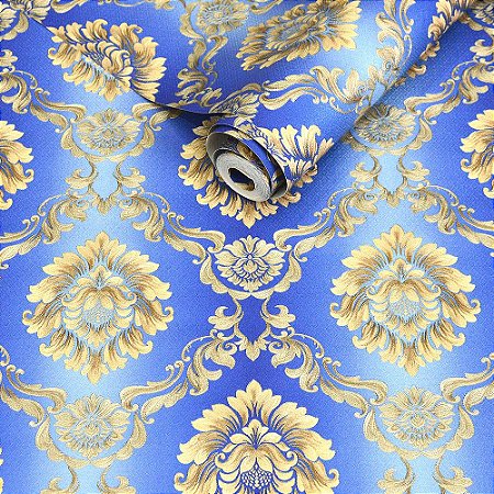 Papel de Parede Azul com Damask Dourado