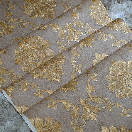 Papel de Parede Marrom com Damask em tom Ocre (Dourado)