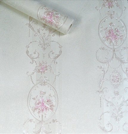 Papel de Parede Pérola com Flores Rosas e Ramos Pérola