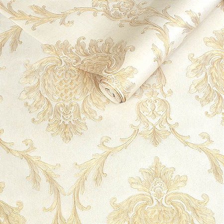 Papel de Parede Creme Claro com Damask em Tons de Dourado Claro