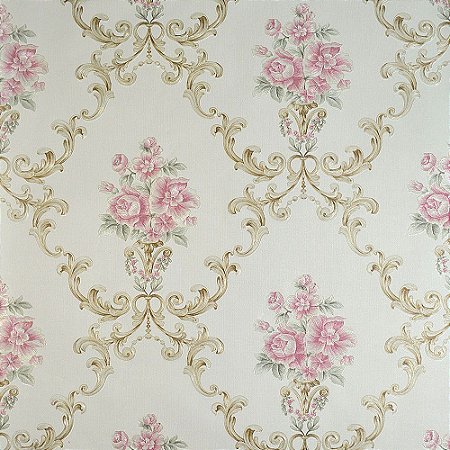 Papel de Parede Floral Fundo Bege com Flores Rosas e Ramos Dourados