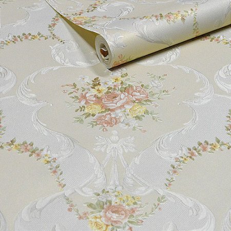 Papel de Parede Floral Fundo Bege e Cinza com Flores Salmão