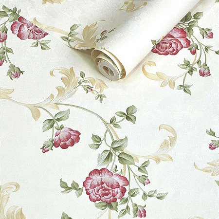 Papel de Parede Fundo Pérola com Flores Rosas e Ramos Dourado Claro