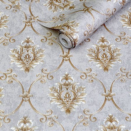 Papel de Parede Fundo Marrom com Damask Dourado