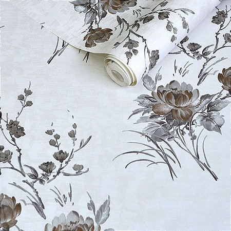 PAPEL DE PAREDE VINÍLICO IMPORTADO TEXTURA FLORAL - BRANCO PEROLADO | CINZA CLARO | MARROM