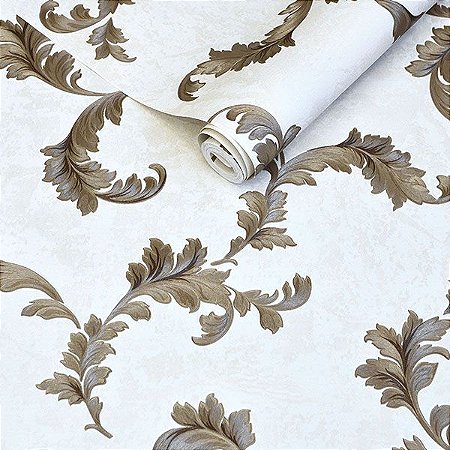 PAPEL DE PAREDE VINÍLICO IMPORTADO TEXTURA ESTILO ARABESCO - BRANCO PEROLADO | MARROM