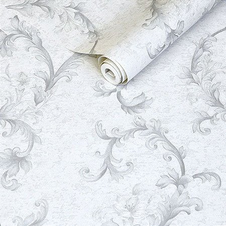 PAPEL DE PAREDE VINÍLICO IMPORTADO TEXTURA ESTILO ARABESCO - BRANCO PEROLA | CINZA CLARO