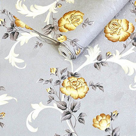 PAPEL DE PAREDE VINÍLICO IMPORTADO TEXTURA ALTO RELEVO ESTILO FLORAL - CINZA