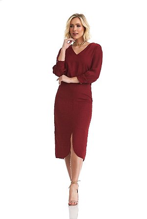 Vestido Midi em Crepe Maquinetado Eva bella Janaína