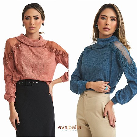 Blusa de Tricot Gola com detalhe em renda Eva bella Lunna