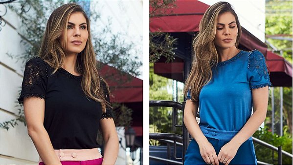 T-Shirt com manga trabalhada e pérola na gola Eva bella Samira