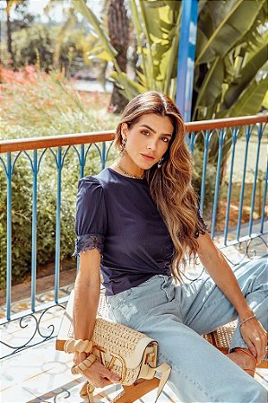 T-Shirt Ribana Malha Canelada Guipure Eva bella Mirela