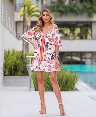 Vestido curto recorte ombro estampado tucano Lilly Belle 10183