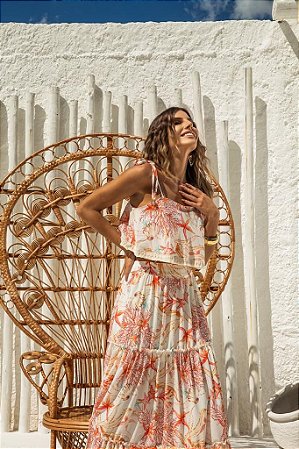 Conjunto de cropped e saia longa estampa corais em crepe de Seda Lily belle