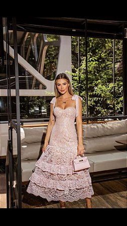 Vestido Midi de Renda Duo Nude Limonada Pink