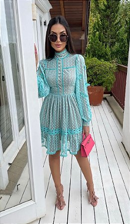 Vestido de Tule com Poás Azul Bruma