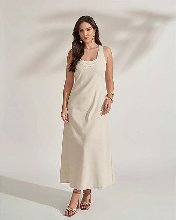 Vestido Longo de Linho com Decote V e Bolso Nuxx