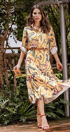 VESTIDO LONGO CHEMISE FLORAL AMARELO - EVA BELLA CECILIA