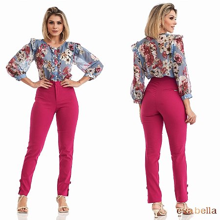 Calça Alfaiataria com detalhe de botão na barra Eva bella Maria Luisa