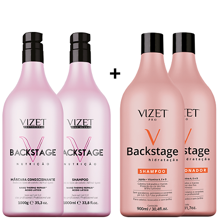 Combo Shampoo e Máscara condicionante Backstage Hidratação + Combo Shampoo e Máscara condicionante Backstage Nutrição 1L Vizet Profissional