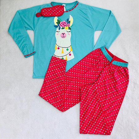 Pijama Adulto Longo Mãe e Filha de Malha Lhama Tiffany com Vermelho