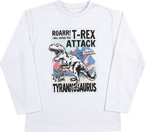 Camiseta Infantil Masculina Branca Estampada de Dinossauro