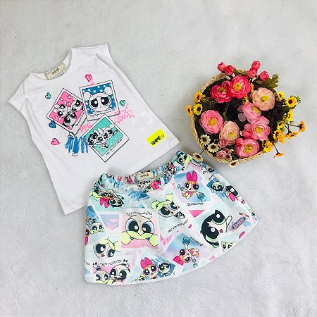 Conjunto Infantil Saia Neoprene das Super Poderosas da Animê