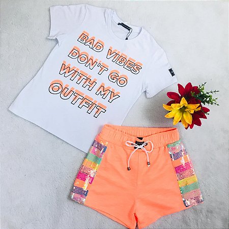 Conjunto Infantil Short Laranja Neon Paetê da Vanilla Cream