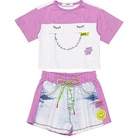 Conjunto Infantil com Cropped Estampado Lapelas da Animê