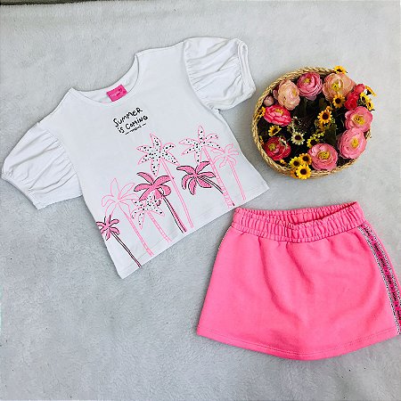 Conjunto Infantil com Saia Shorts Rosa Neon da Momi