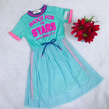 Vestido Infantil College com Tule Verde Água da Animê