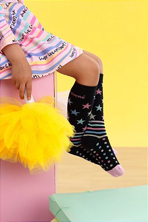 Meia Infantil Feminina Preta Estrelas da Mon Sucré