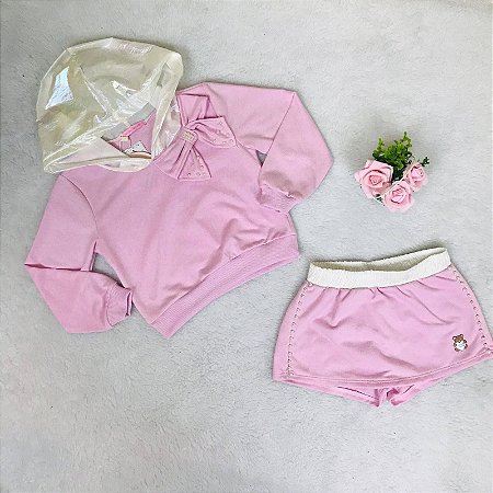 Conjunto Infantil com Shorts Saia Rosa com Capuz Gabriela Aquarela