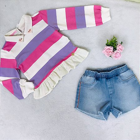 Conjunto Infantil de Menina Blusa Com Gola Gabriela Aquarela