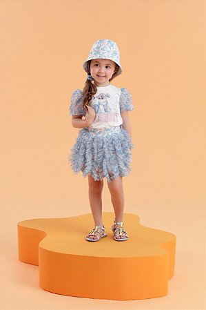 Conjunto Infantil de Menina Saia Tule Azul Petit Cherie