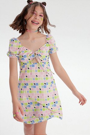 Vestido Casual Juvenil Estampa Quadriculado Rosa da Vanilla Cream
