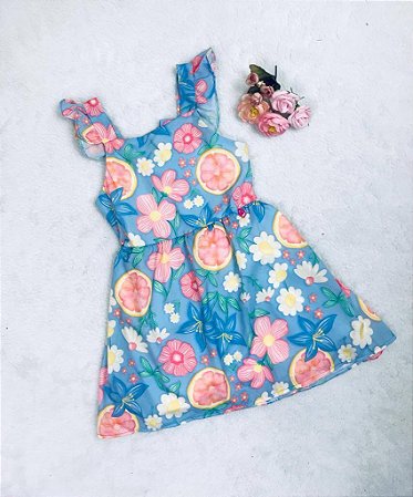 Vestido Infantil Casual Azul com Flor da Mon Sucré