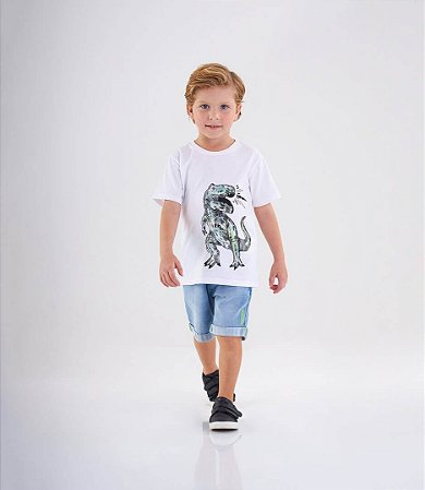 Camiseta Infantil Masculina Branca de T-Rex da Up Baby