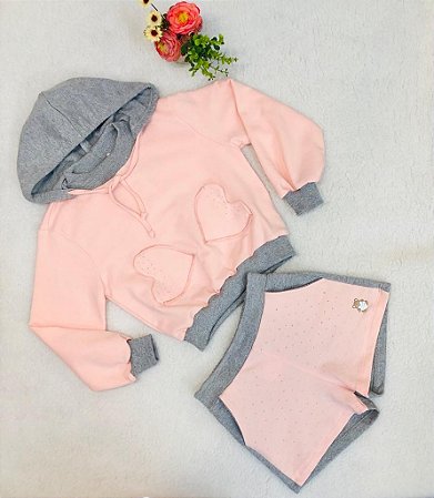 Conjunto Infantil de Frio Feminino com Shorts Rosa