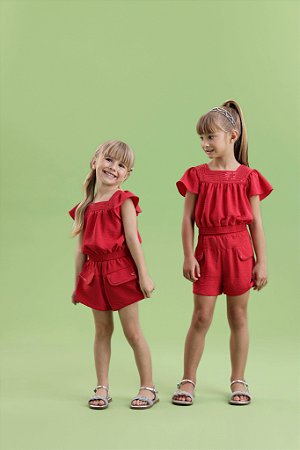 Conjunto Infantil Feminino com Shorts Vermelho Petit Cherie