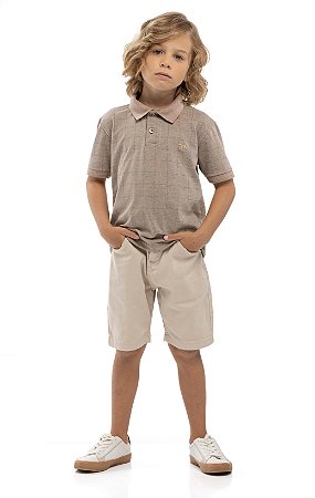 Camiseta Juvenil Masculina Gola Polo Bege Quadriculada